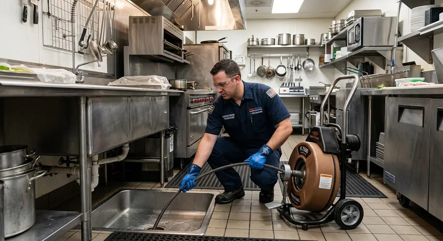 Commercial drain cleaning service in a restaurant kitchen in Byron