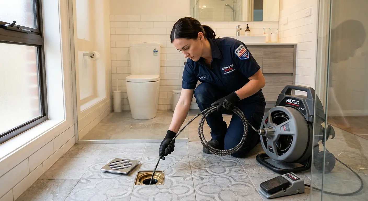 Technician clearing a bathroom floor drain for Drain Cleaning in Byron